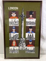 Full image of the framed fabric print showing London landmarks and colorful illustrated iconic guardians surrounded by a brown wood frame