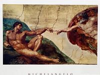 Close up of the poster print showing Michelangelo's 'The Creation of Adam' featuring God and Adam almost touching fingers, with color detail visible.