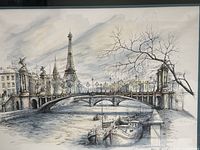 Close-up of the print showing the drawing of Pont Alexandre III bridge and Eiffel Tower with boats on the Seine and a bare tree branch, showcasing the art style and details.