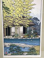 Close-up of upper half of print showing bamboo, house and pond