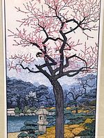 Detail of upper portion showing pink plum blossoms and branching pattern