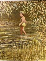 Close-up of the painting showing the girl in the stream with detailed textured brushstrokes and foliage.