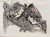 Close-up of pen and ink artwork showing detailed owl and nude study with multicolor ink.