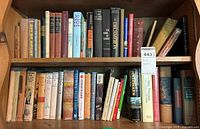 Shelf of various books showing multiple titles including The Dark of Rigater, The Story of Mankind, and others under different genres