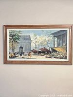 Framed oil on canvas painting showing a flower market scene in Paris with multiple figures and flower stalls. Wooden frame in medium wood finish.