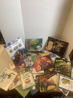 Group shot of all books standing and spread out showing variety of titles and bindings