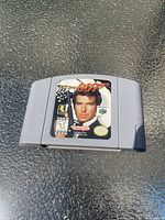 Front view of GoldenEye 007 Nintendo 64 cartridge showing label and overall condition