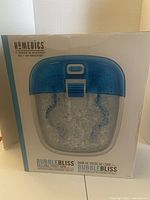 Front of retail box showing HoMedics Bubble Bliss Deluxe Foot Spa
