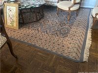 View of full rug under seating showing overall pattern, color palette and fringe.