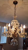 Overall view of vintage chandelier lit, showing clear glass floral arms, candle bulb lights, hanging crystals, and brass floral accents.