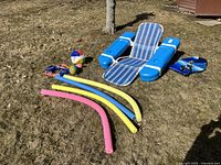 Full lot arranged on grass showing floating chair, pool noodles, balls, inflatable ring float, and boogie board