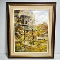 Framed oil painting of a backyard scene with birdhouse and birds perched, signed by the artist, measuring 26.5H x 22.5W inches.