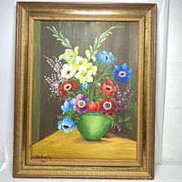 Frontal image of the oil painting showing floral arrangement in a green vase with gold frame