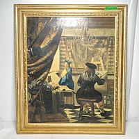Full view of vintage Vermeer print in gold frame showing the artwork and frame condition