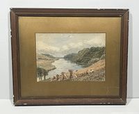 Framed watercolour painting showing entire frame with some wear and gold mat.