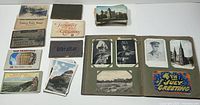 Photo showing multiple postcard souvenir sets and loose postcards including Gibraltar, Versailles, San Francisco, Mohawk Trail, Canadian Pacific Rockies and Bizerte & Ferryville.