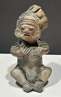 Front view of figure showing seated posture, facial features, headdress, and hand placement on torso.