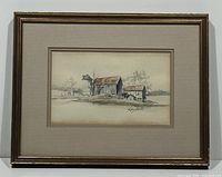 Framed watercolor painting signed by James Keirstead depicting impressionistic rural scene with barns and trees under soft muted light.