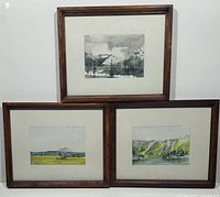 Three framed watercolour paintings with light-colored matte and wooden frames shown together.