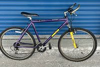 Full side view of purple Ironman mountain bike showing frame, wheels, handlebars and seat