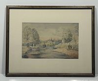Full framed watercolour painting showing the river scene with trees and distant church steeple, in wooden frame with beige mat.