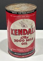 Front view of the Kendall Oil tin showing branding, logos, and condition.