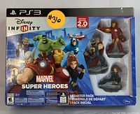 Front of the Disney Infinity Marvel Super Heroes 2.0 Edition Starter Pack for PS3 showing game, base, and three collectible figures in original packaging