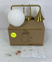 Gold 2-light vanity fixture with frosted globe light, box underneath showing product label, plastic bags with installation hardware, and printed instruction sheet.