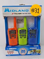 Front view of boxed Midland X-Talker T10X3M 3-pack two-way radios in orange, green, blue with 3-year warranty badge