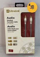 Front view of unopened Ultralink Audio Shielded Turntable Cable packaging showing the brand, specifications, and length (1m).