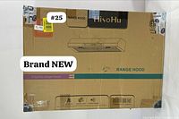 Sealed HisoHu range hood cardboard box with branding, model info and fragile labels