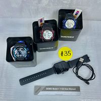 Three SKMEI men's sports watches in metal tins with blue, red, and light blue color accents, one black smartwatch with charging cable, and user manual displayed on a surface.