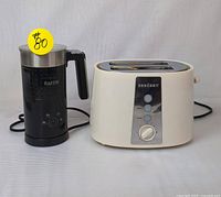 Both appliances shown side-by-side on white surface: RAFOW milk frother and SEEDEEM 2-slice toaster