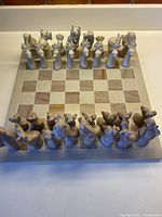 Top view of soapstone chess board with all pieces set up