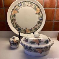 All three Mikasa Garden Harvest serving pieces grouped together showing pattern and lids