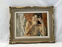 Full front view of framed painting on white background