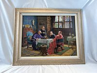 Frontal view of the framed painting showing full scene of four clergymen playing chess