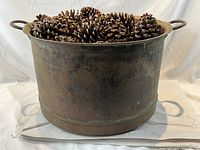 Front view of large copper pot filled with pinecones