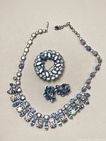 Full top-down view of necklace, brooch, and earrings on light background