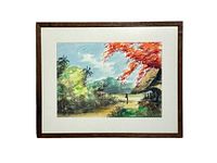 Frontal image of the framed signed Asian watercolour painting showing the full artwork and frame.