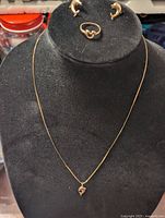 All jewelry on display bust showing earrings, ring, and necklace