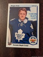 Front of Morgan Rielly hockey card showing player image, team logo and draft pick badge