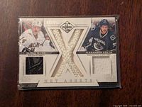 Front of the NHL Panini Limited dual jersey card showing Jamie Benn and Alexander Edler with embedded jersey swatches and net piece.