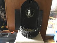 Front view of the lion's head water fountain showing the lion's face and basin in good detail.