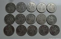 Fifteen Canadian 50 cent coins arranged in three rows with various years from 1938 to 1984, showing the Canadian coat of arms on the reverse.