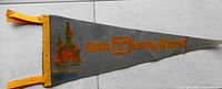 Gray felt Walt Disney World pennant with orange trim and orange screen-printed graphics and text, laid flat on light tiled floor.