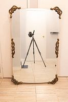 Front view of the large rectangular ornate mirror with brass decorations at each corner, showing its reflective surface and ornate detailing.