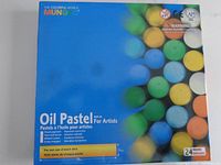 Photo of unopened box of Mungyo Oil Pastel for Artists showing front packaging with colorful round pastel ends visible and label stating 24 colors included, new and sealed.