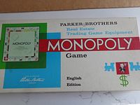 Top of original Parker Brothers Monopoly game box with colorful branding and board image