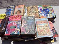 Books laid out outdoors showing cover art and titles, including Harry Potter and Nancy Drew titles.